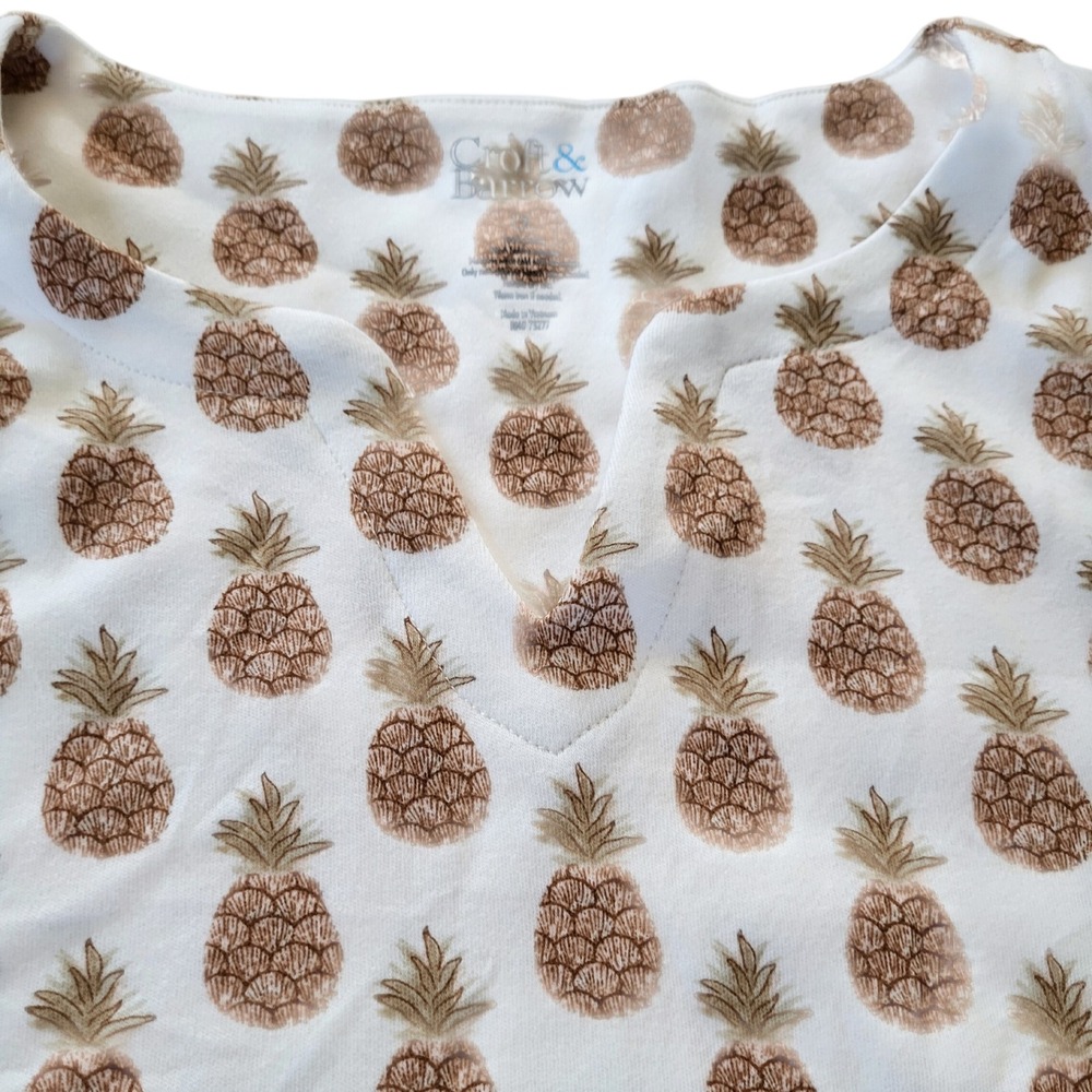 Croft & Barrow Womens 1X White Brown Pineapple Print Cotton Split Neck Top Shirt